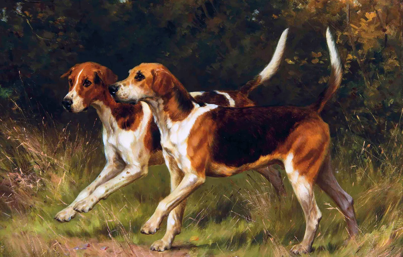 Photo wallpaper grass, trees, dog, picture, two, hounds, Thomas Blinks, Thomas Blinks