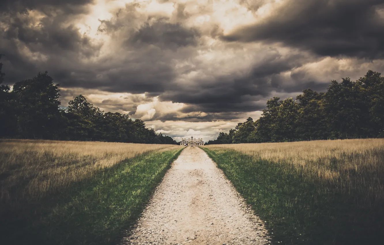 Photo wallpaper road, the sky, clouds, clouds, home