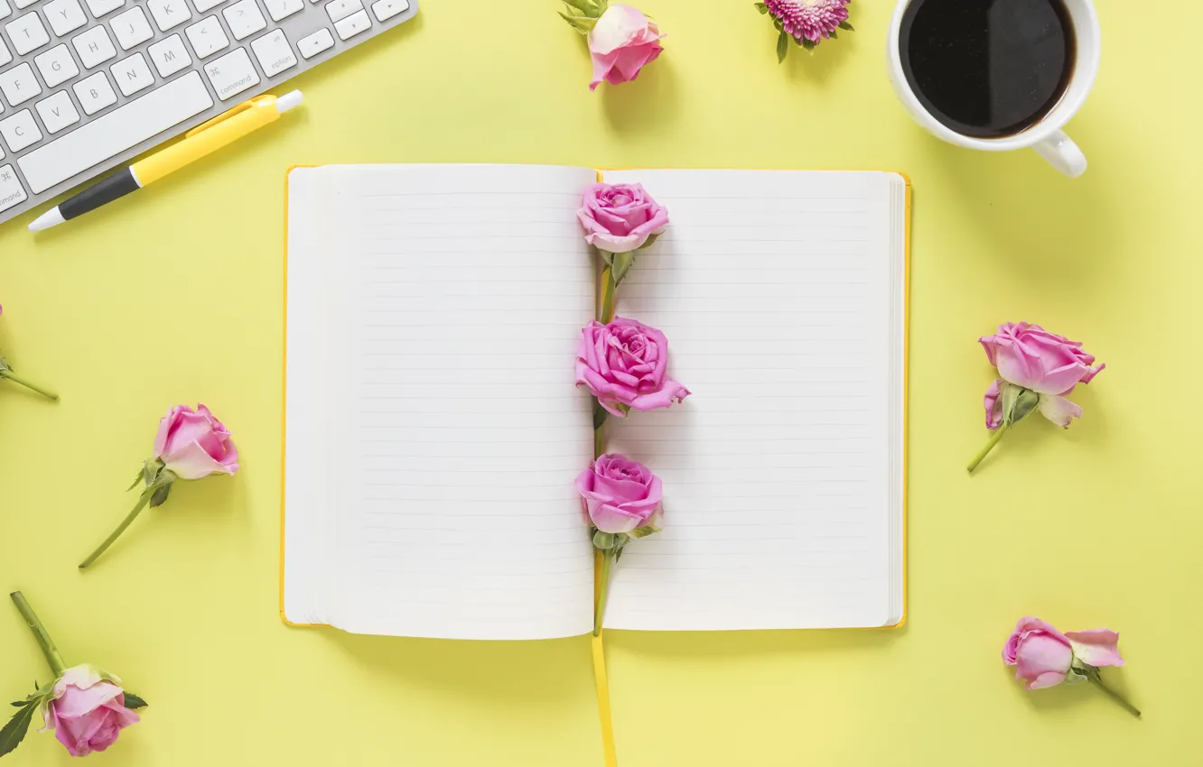 Photo wallpaper yellow, background, roses, buds