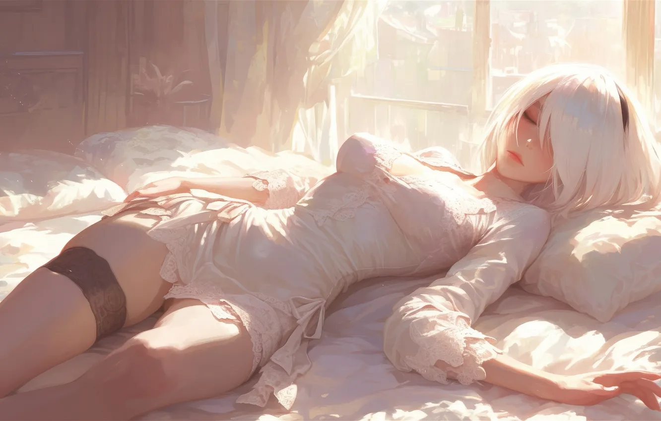 Photo wallpaper white, morning, sunrise, white hair, warm light, video game characters, 2B (Nier Automata), leisurely resting