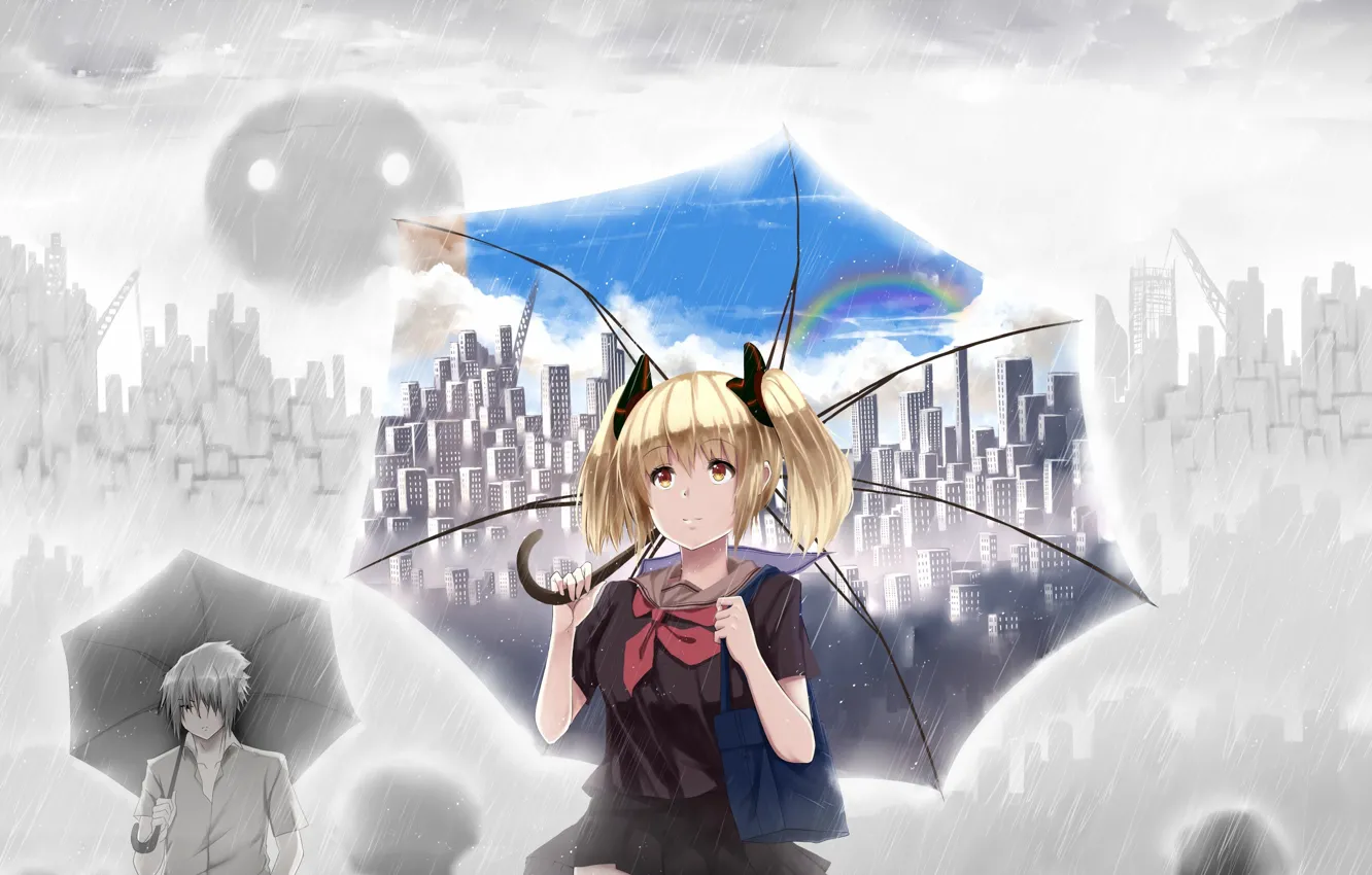 Photo wallpaper the sky, girl, clouds, the city, people, rain, home, rainbow