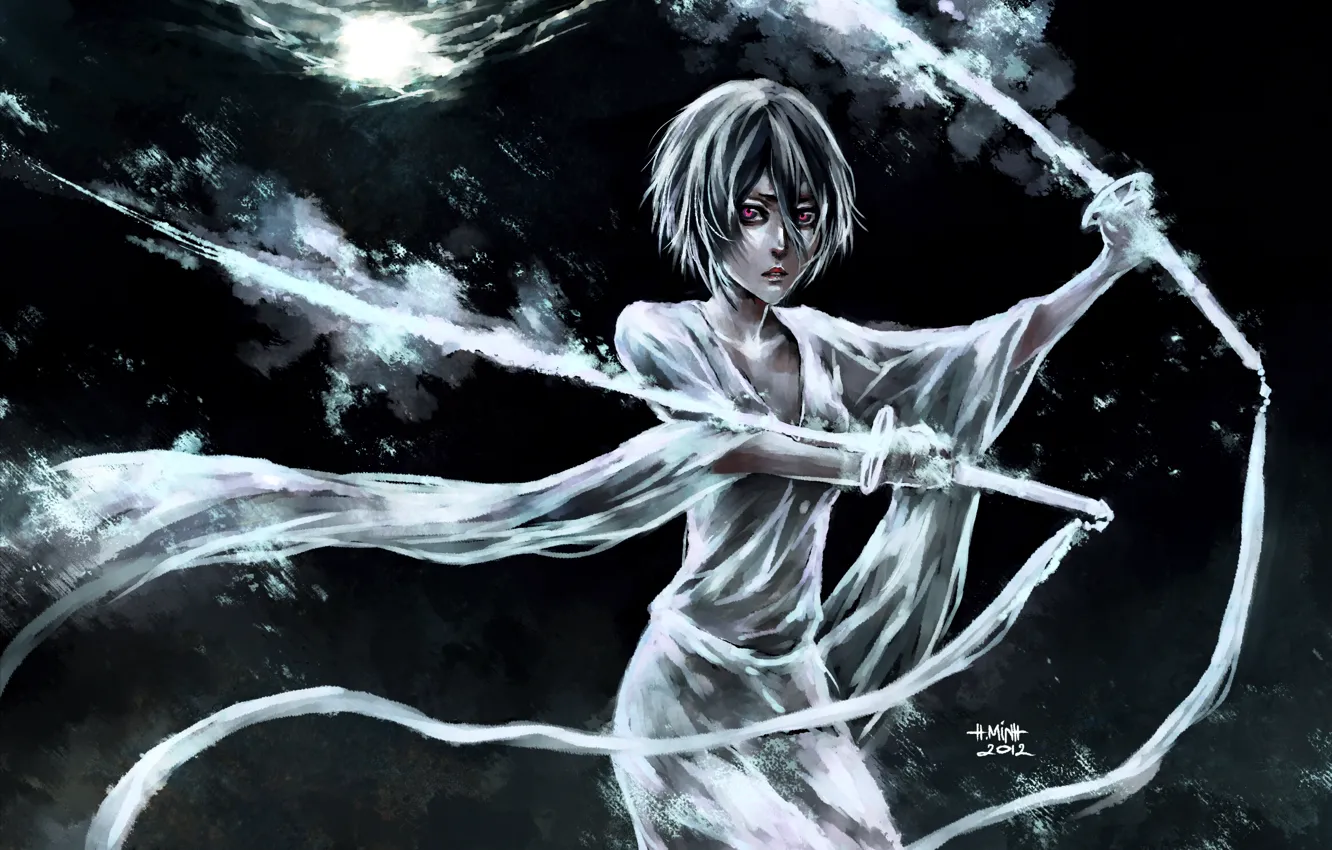 Photo wallpaper girl, tape, weapons, the moon, sword, art, bleach, kuchiki rukia