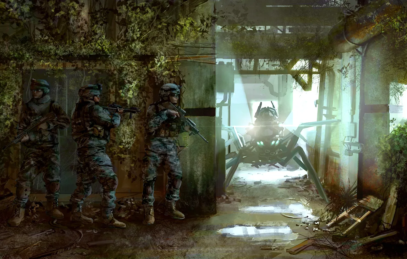 Photo wallpaper weapons, room, thickets, the building, robot, art, ambush, soldiers