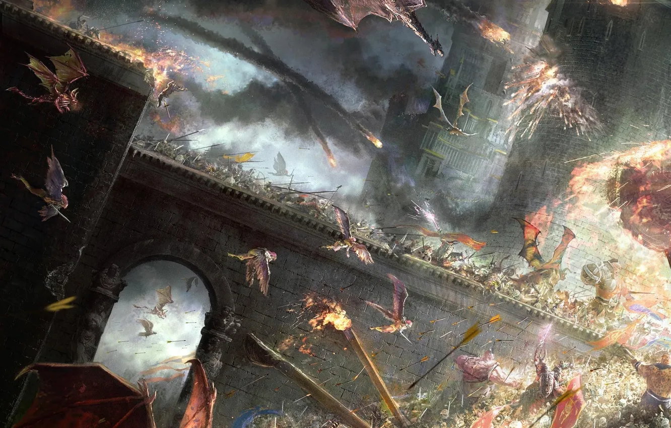 Photo wallpaper bridge, weapons, castle, dragons, art, battle
