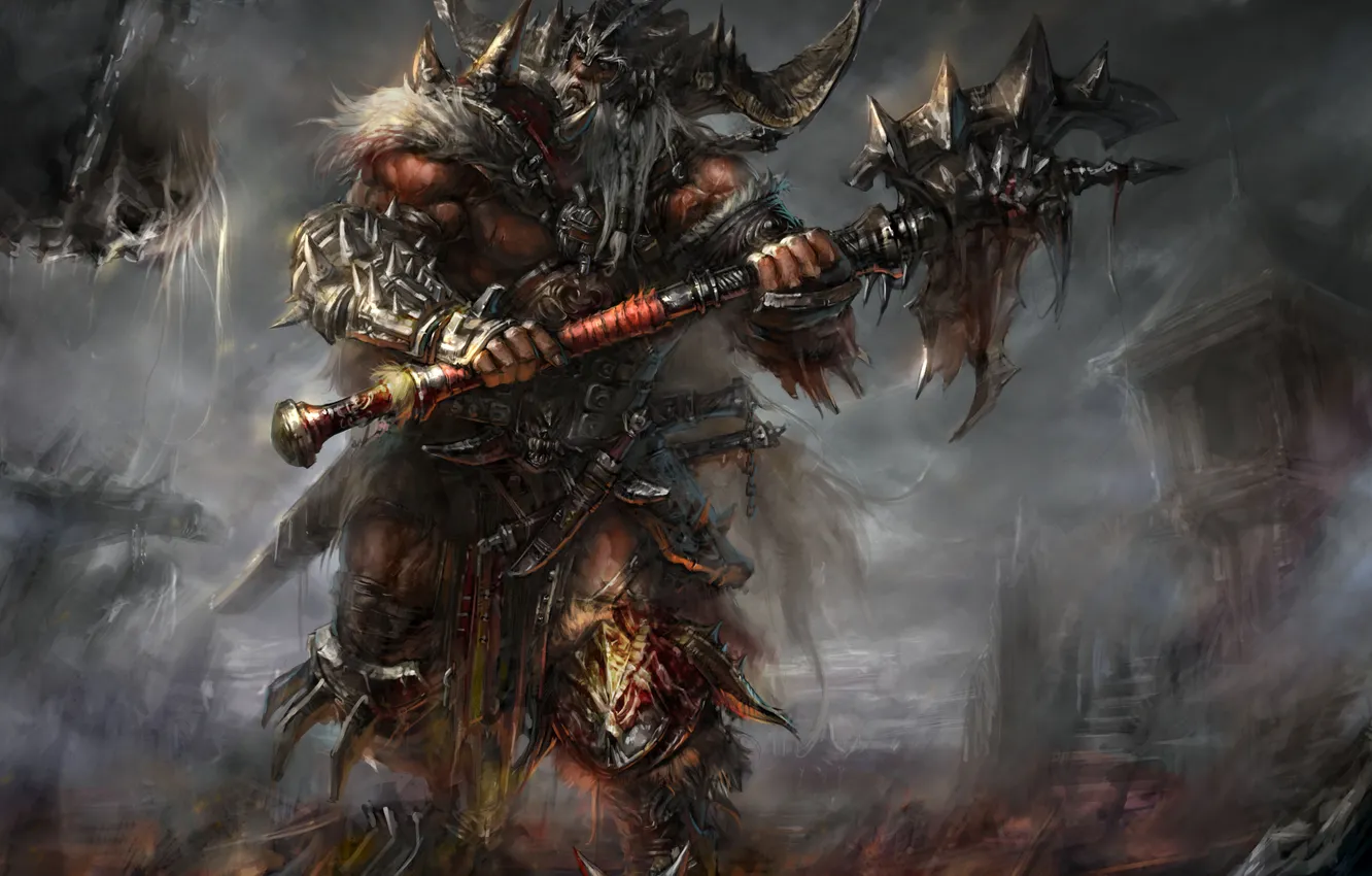 Photo wallpaper blood, armor, spikes, horns, axe, undead, Diablo, barbarian