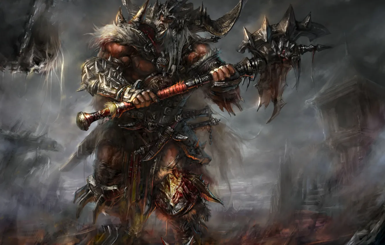 Photo wallpaper blood, armor, spikes, horns, axe, diablo, undead, barbarian
