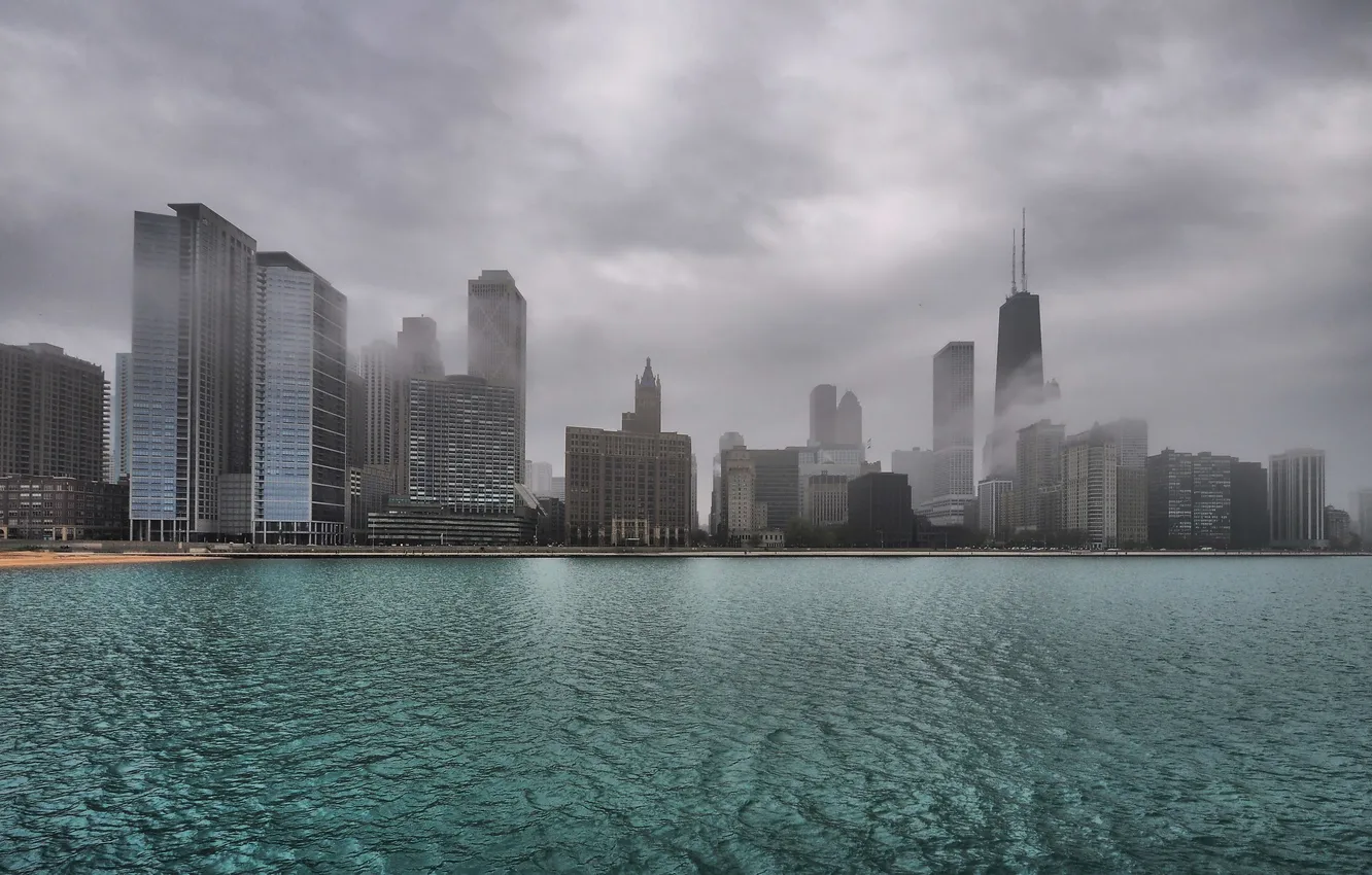 Photo wallpaper the sky, water, fog, building, skyscrapers, USA, America, Chicago