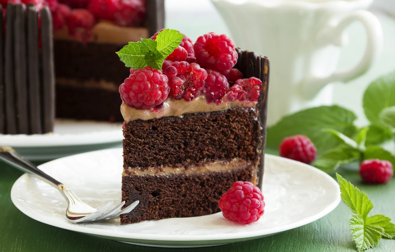 Photo wallpaper raspberry, cake, mint, cream, cakes