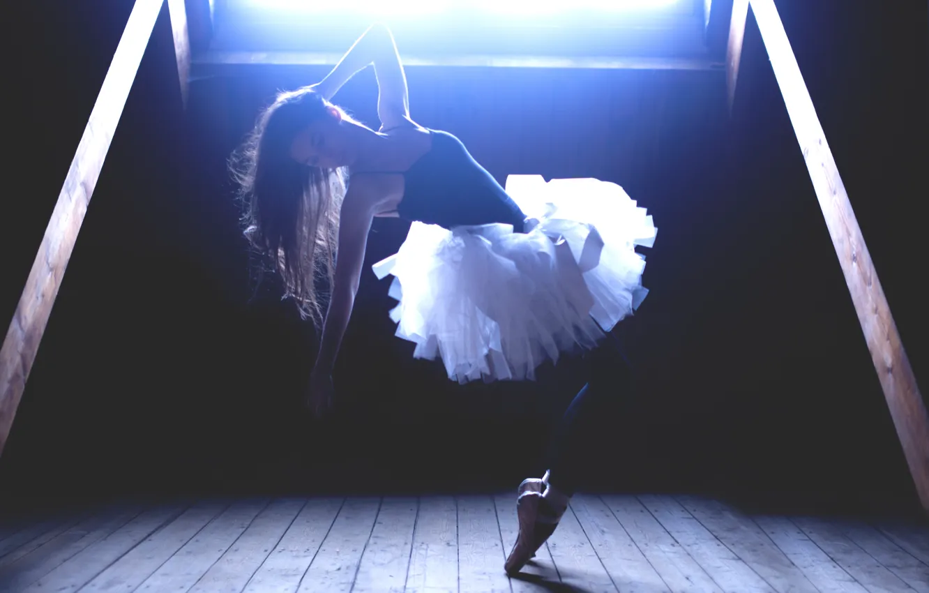 Photo wallpaper girl, window, brown hair, ballerina, attic