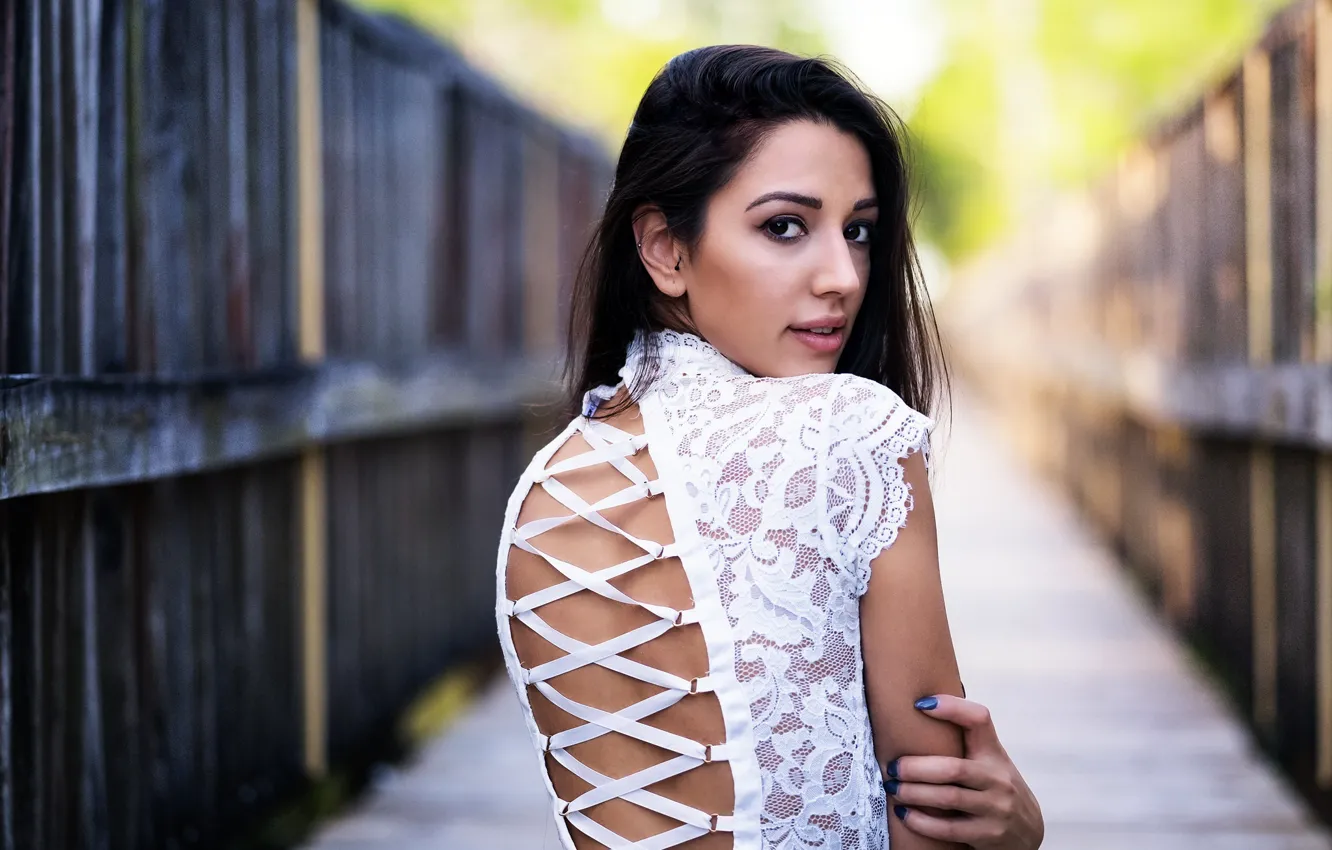 Photo wallpaper look, pose, model, the fence, portrait, makeup, dress, brunette