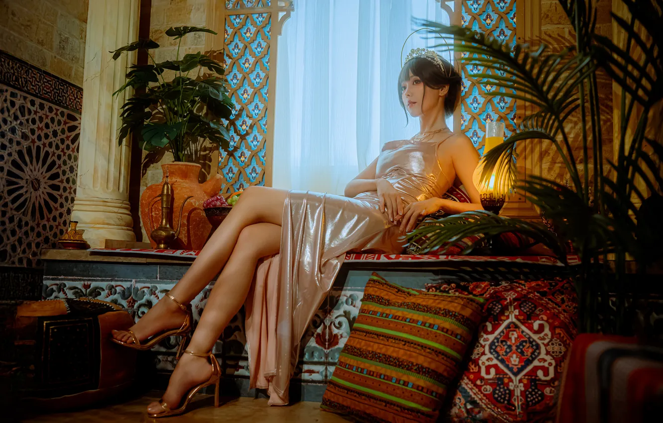 Photo wallpaper legs, model, women, brunette, asian, high heels, Ely