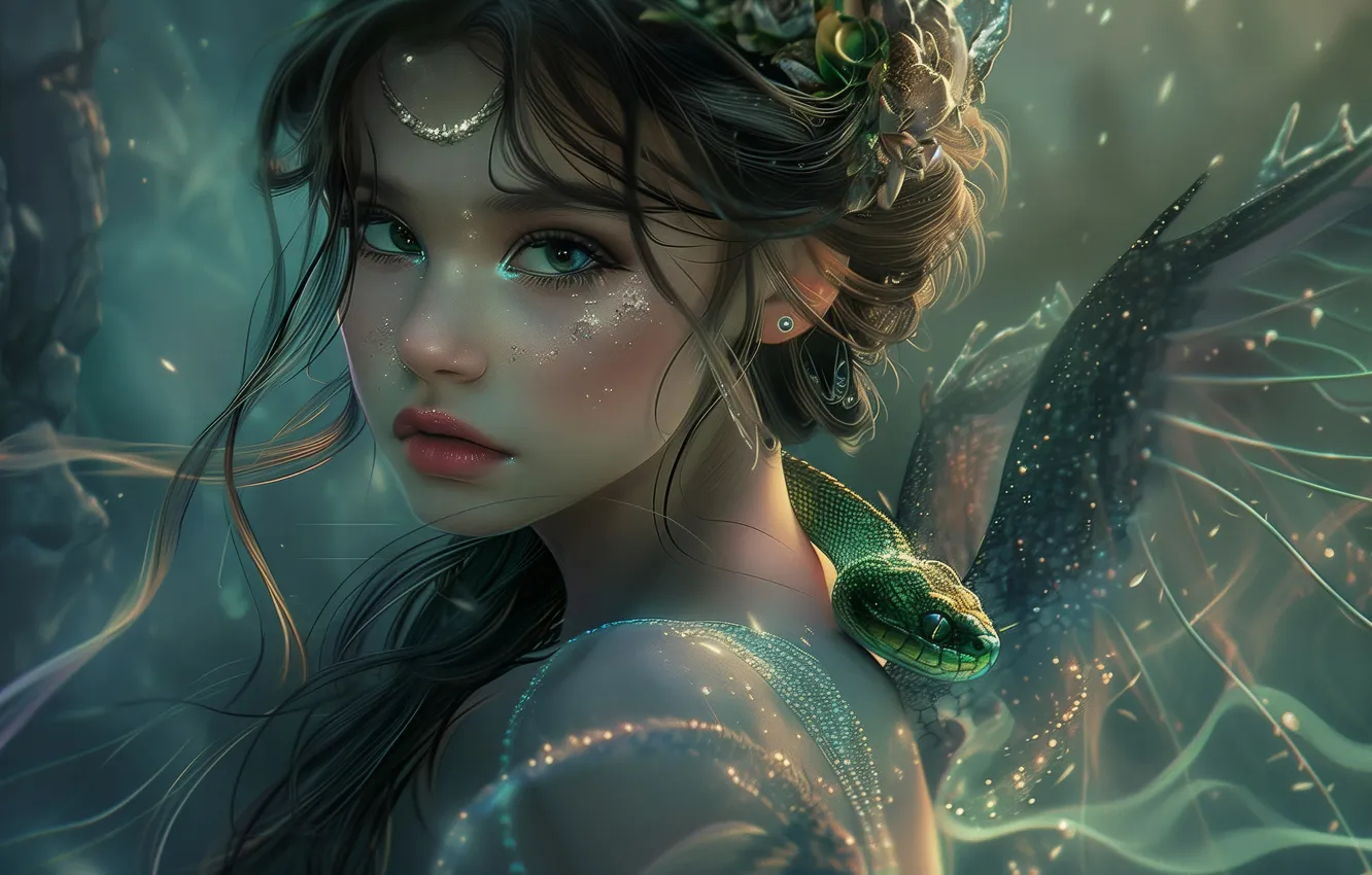 Photo wallpaper look, girl, hair, snake, wings, fairy, brown hair, digital art
