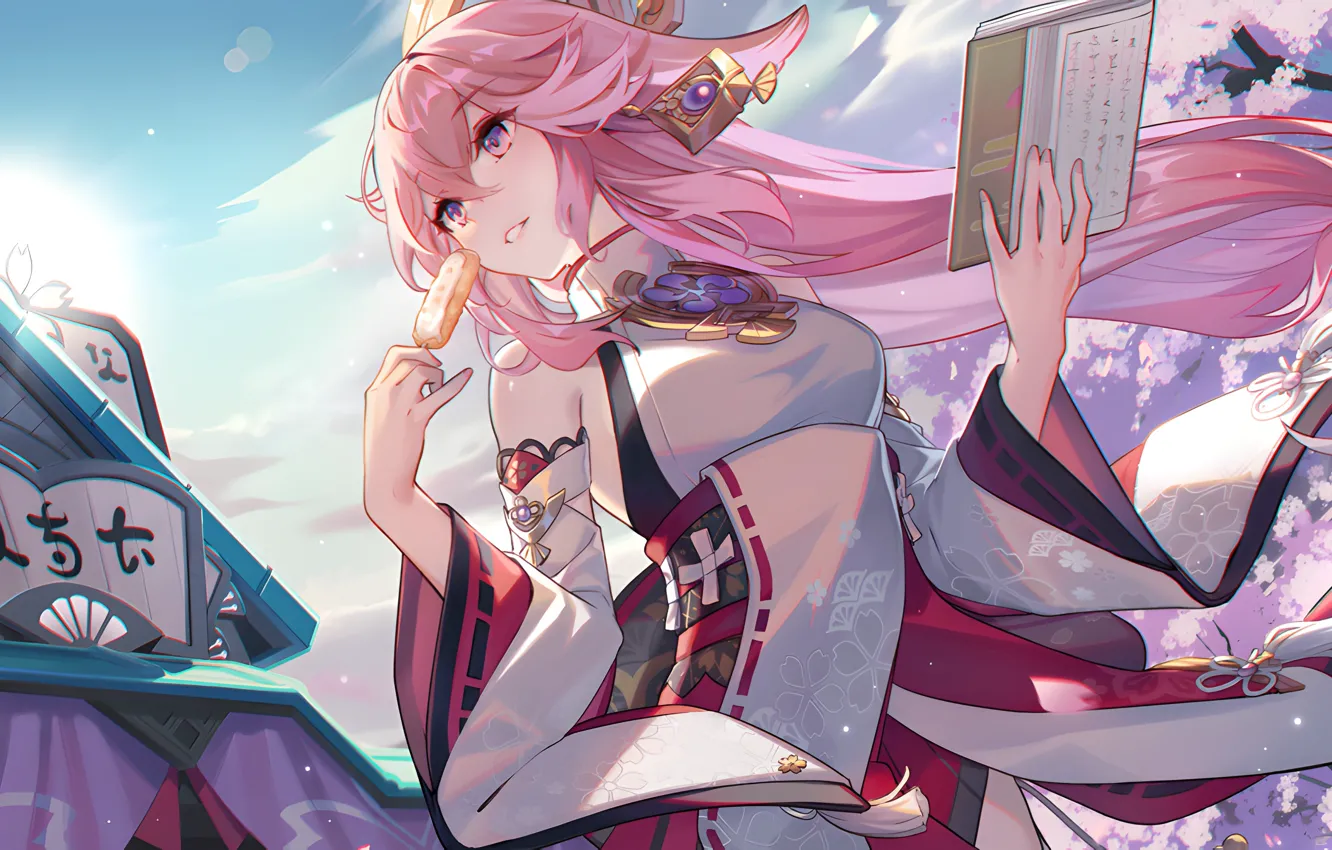 Photo wallpaper food, Sakura, journal, kitsune, Genshin Impact, Yae Miko, Yae Miko