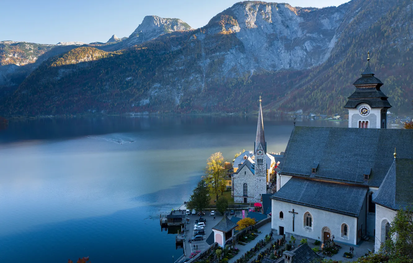 Photo wallpaper mountains, lake, Austria, Alps, Church, Austria, Hallstatt, Alps