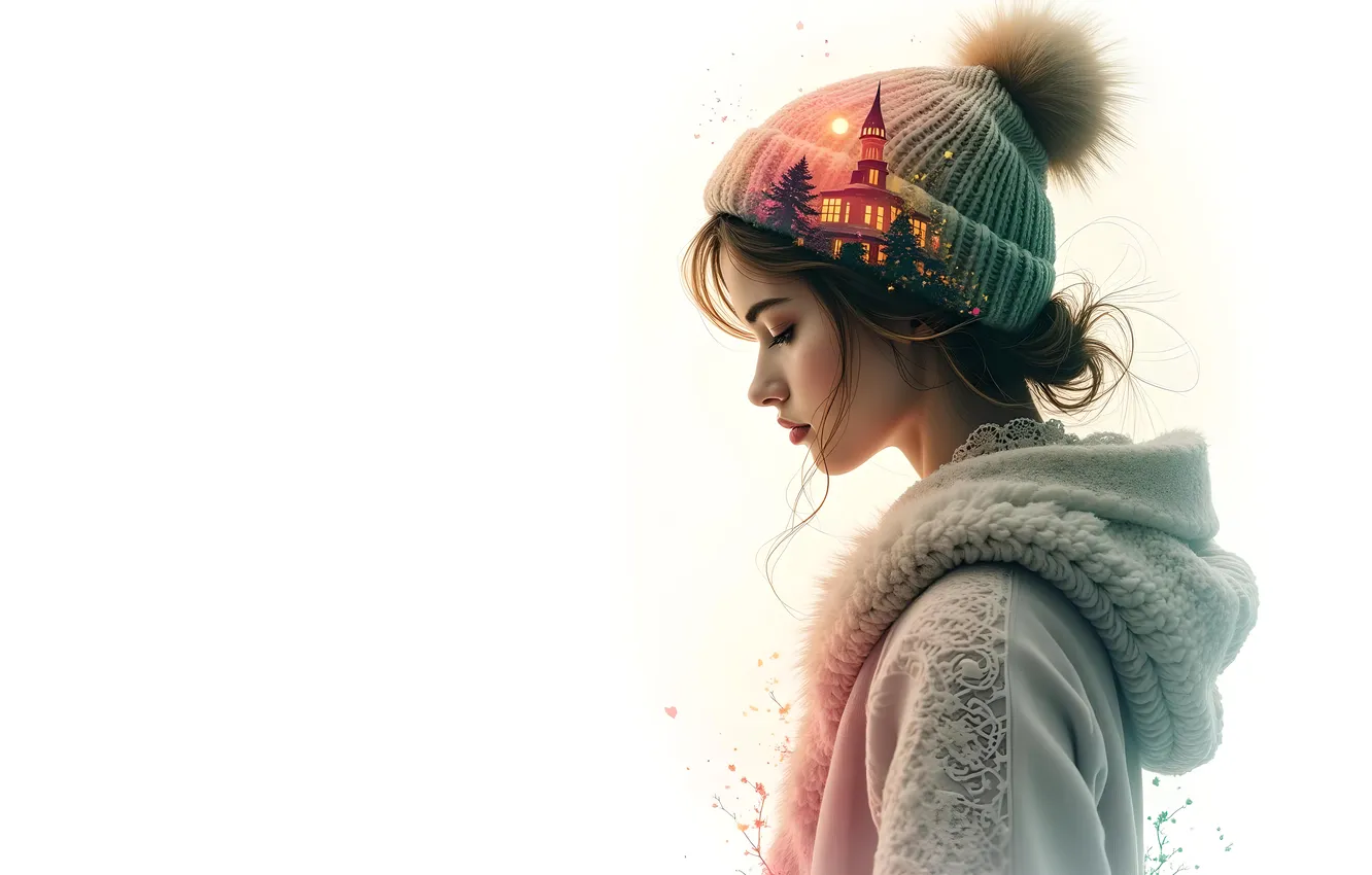 Photo wallpaper girl, the sun, the city, hat, tower, brunette, hood, white background