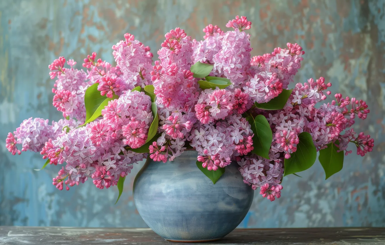 Photo wallpaper flowers, vase, bouquet, AI art, wall, ceramics, leaves, bokeh