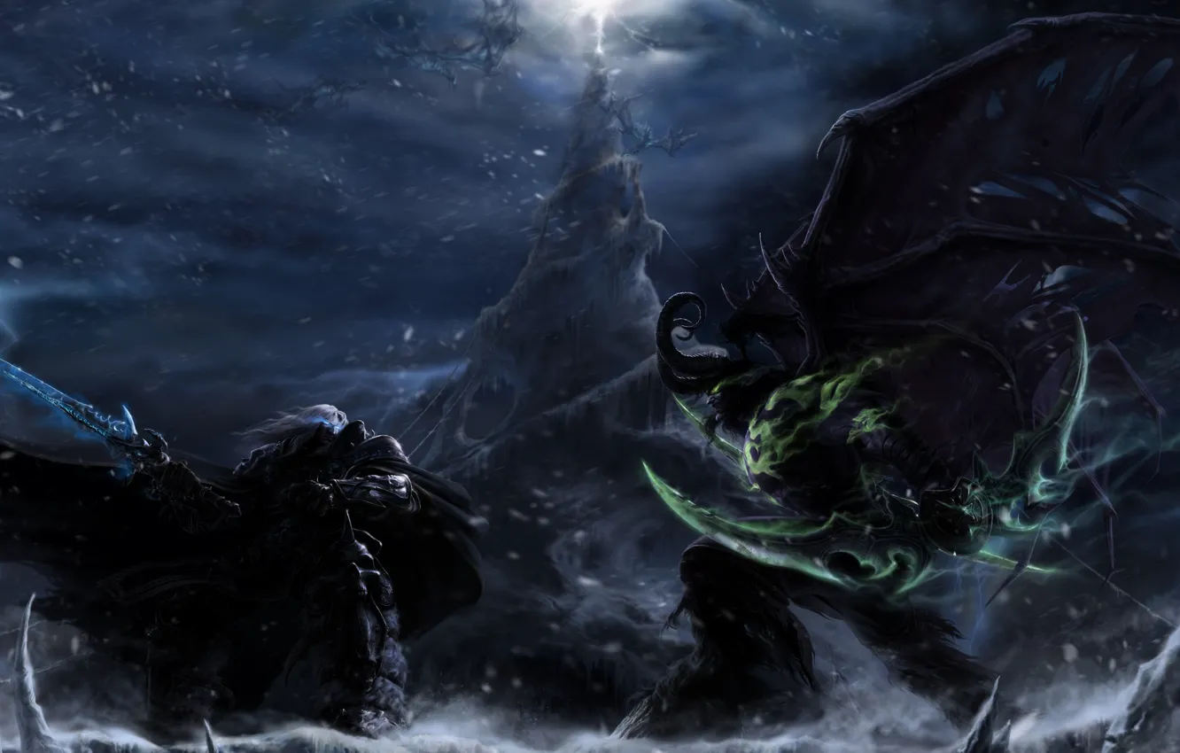 Photo wallpaper Lich King, fight, Frostmourne, Warcraft III 3 Frozen Throne, Blades of Azzinoth, Illidan vs. Arthas, …