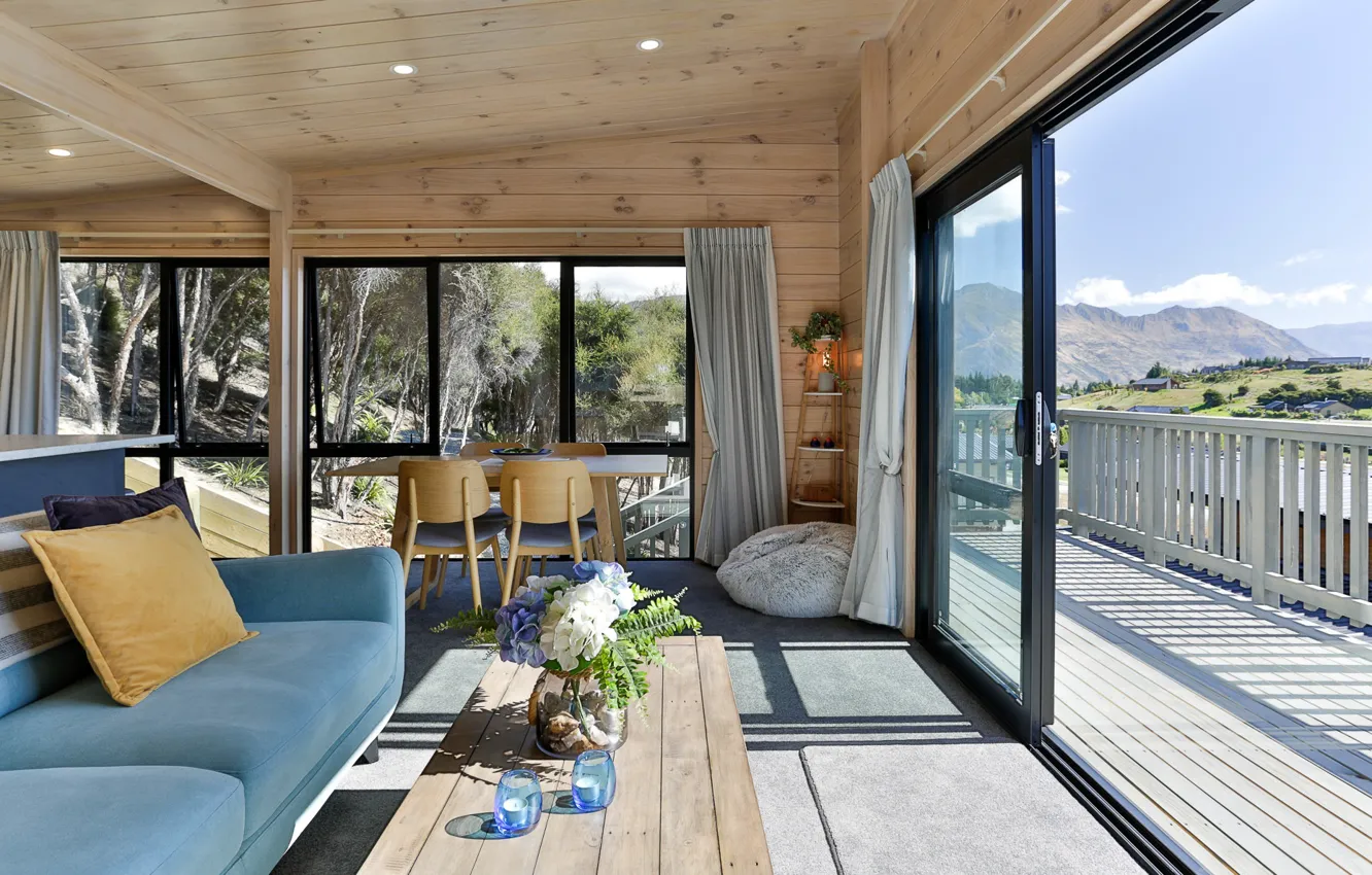 Photo wallpaper design, style, interior, Alps, living room, dining room, house in the mountains