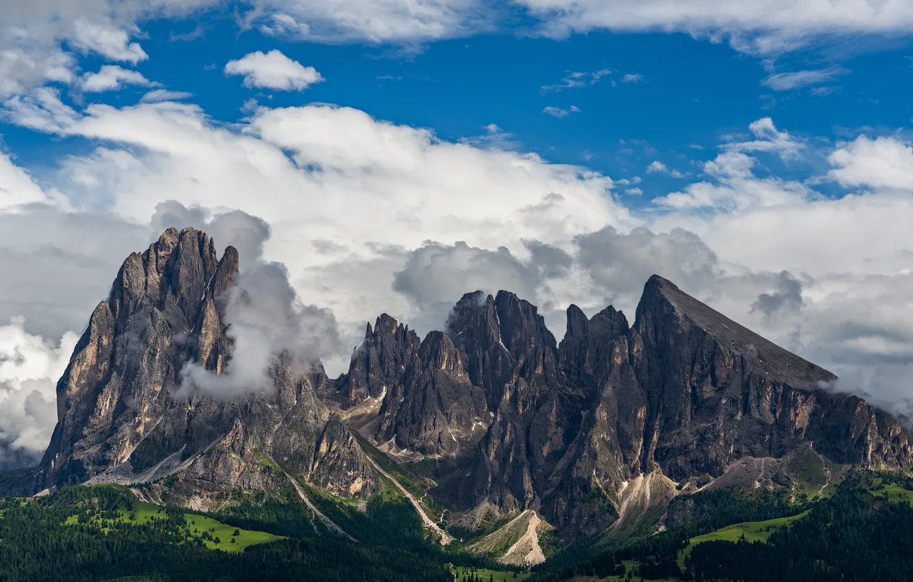 Photo wallpaper clouds, mountains, rocks, Italy, The Dolomites