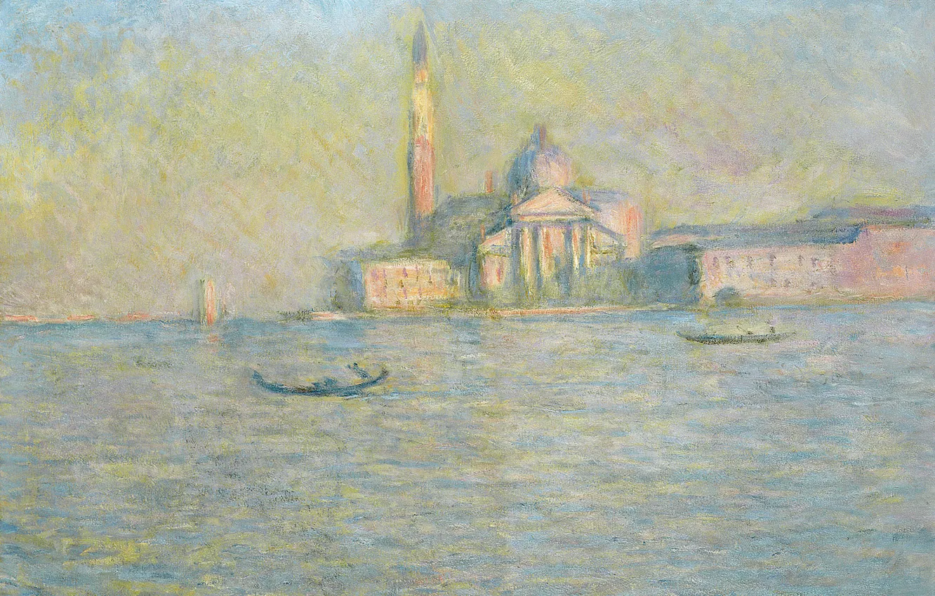 Photo wallpaper landscape, boat, picture, Church, Venice, channel, gondola, Claude Monet