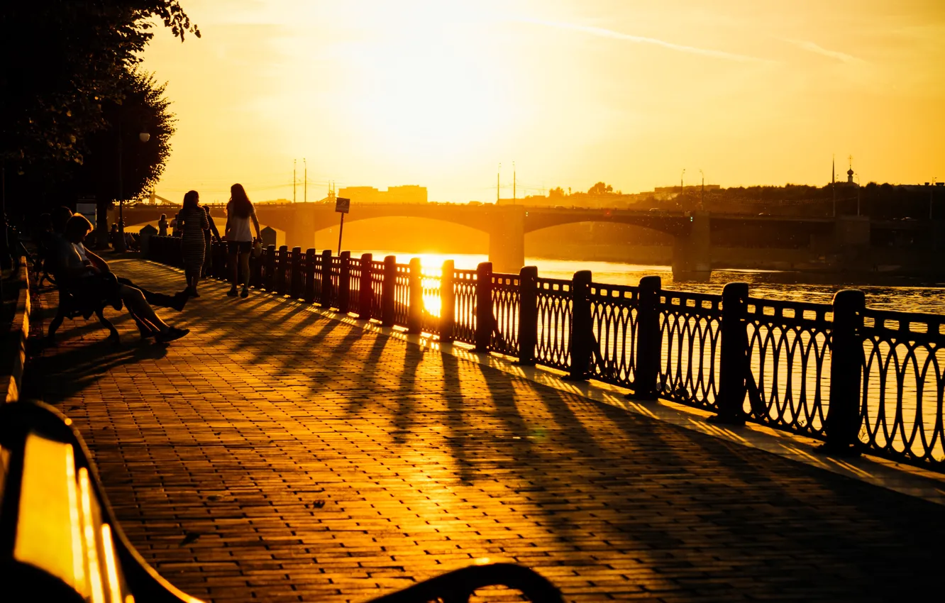 Photo wallpaper city, light, river, bridge, sunset, young, evening, sun