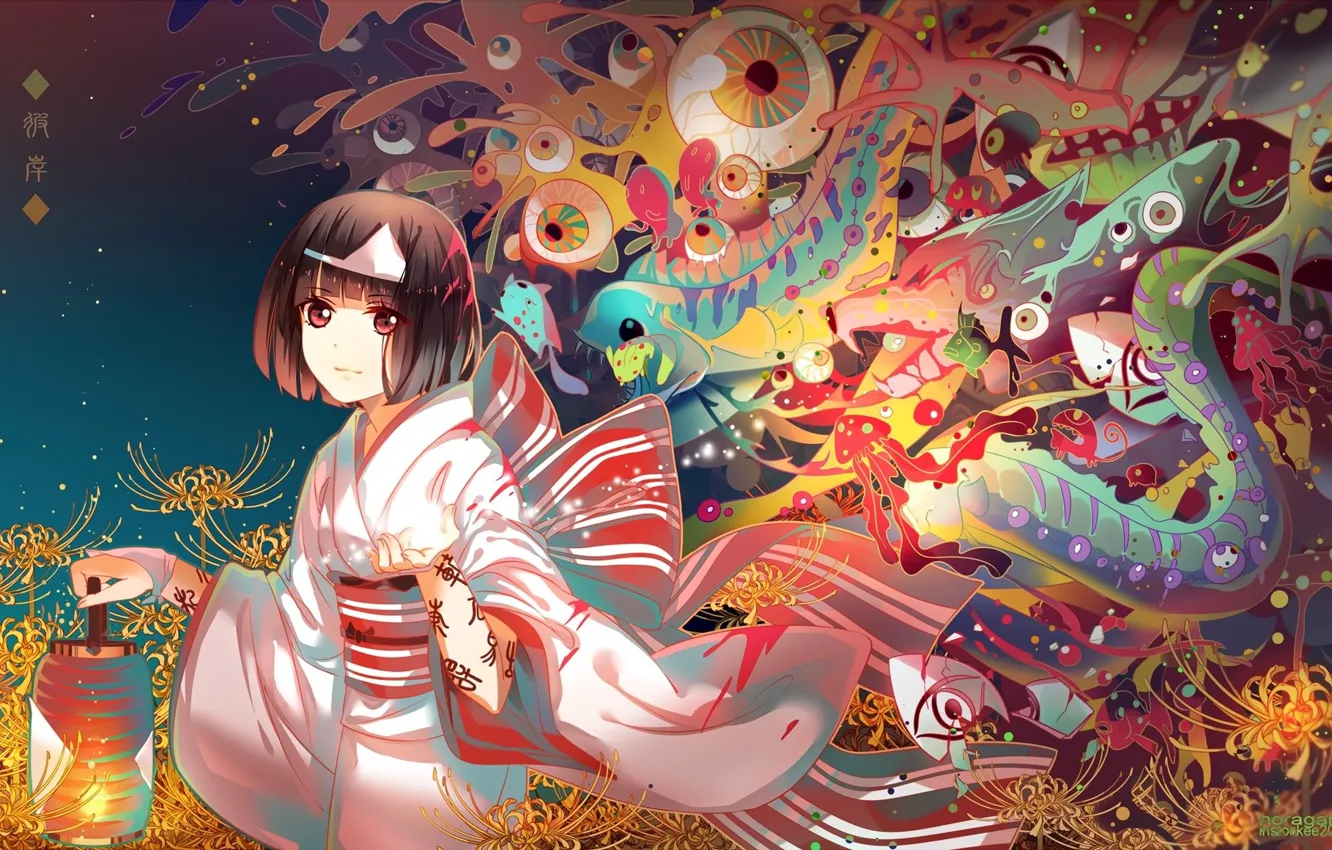 Photo wallpaper eyes, yellow, magic, creatures, characters, kimono, youkai, A Homeless God