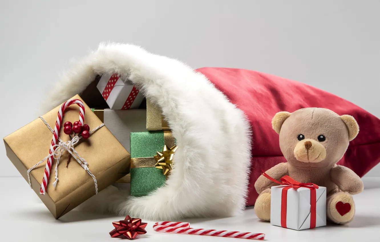 Photo wallpaper bear, gifts, New year, bag, teddy bear