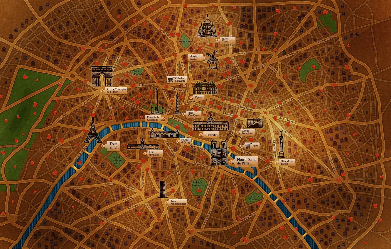 Photo wallpaper the city, house, river, street, tower, Paris, map