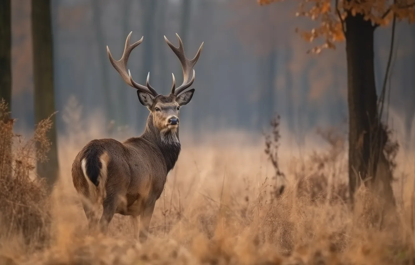 Photo wallpaper autumn, forest, face, trees, nature, fog, glade, deer