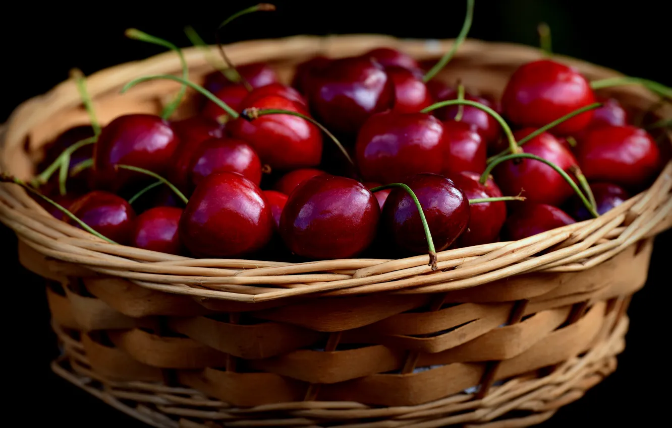 Photo wallpaper close-up, cherry, berries, the dark background, black background, basket, cherry, juicy