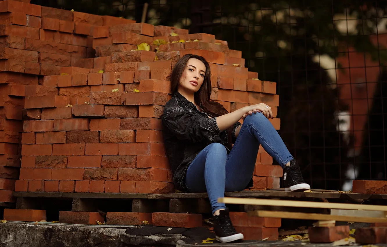 Photo wallpaper long hair, model, women, jeans, brunette, sitting, jacket, painted nails