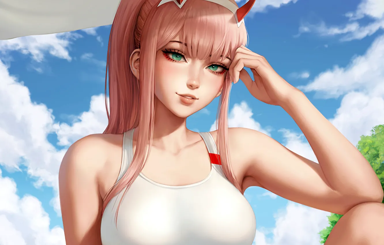 Photo wallpaper girl, sexy, pink hair, horns, green eyes, long hair, boobs, anime