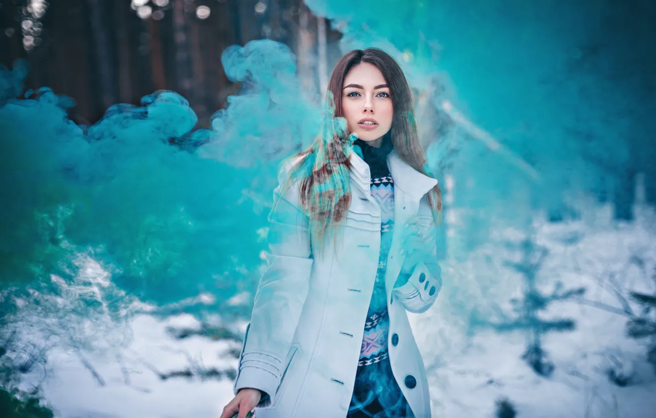 Photo wallpaper look, girl, smoke, coat, Anton Kharisov