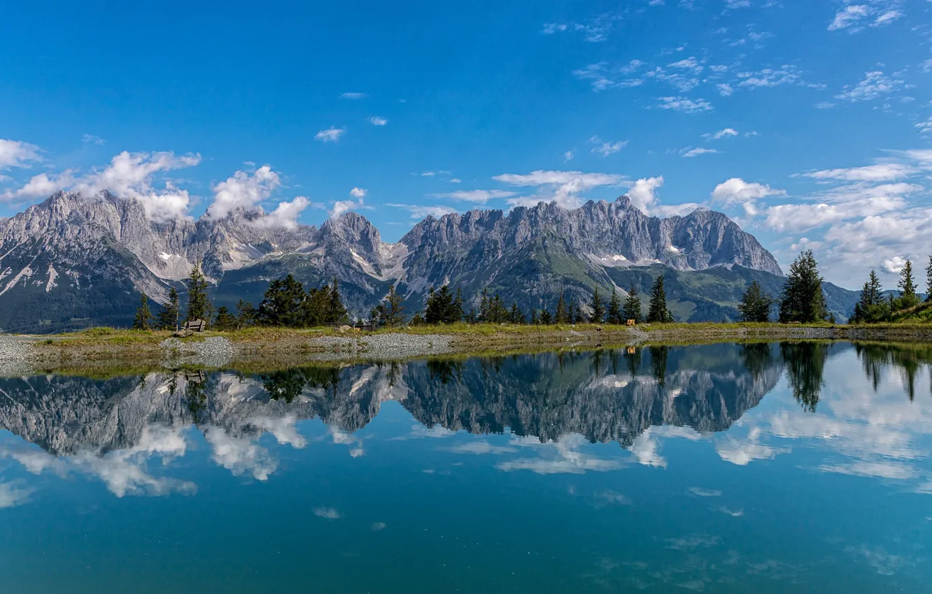 Photo wallpaper mountains, lake, reflection, Austria, Austria, Kaiser Mountains, The Kaiser mountains, Astbergsee