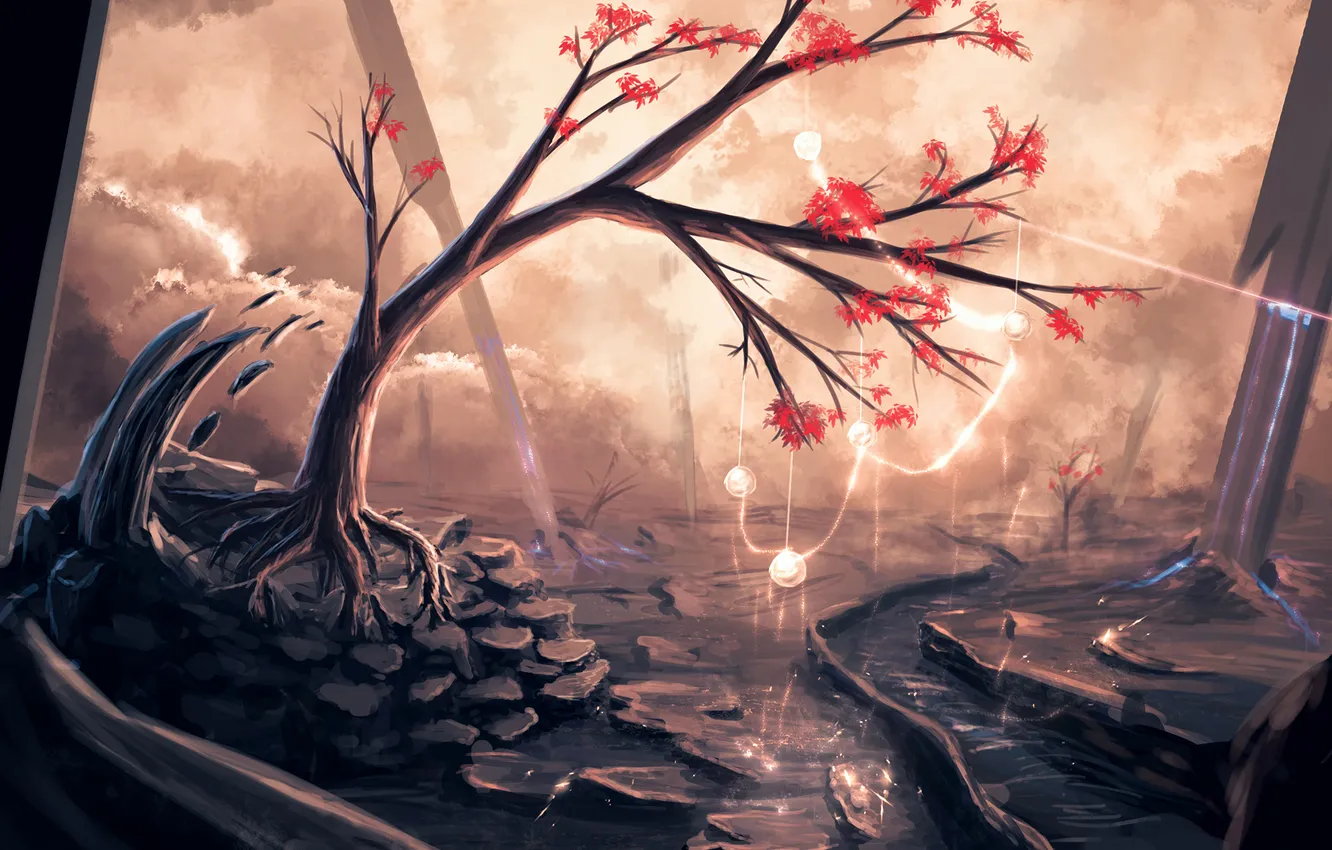 Photo wallpaper trees, river, stones, art