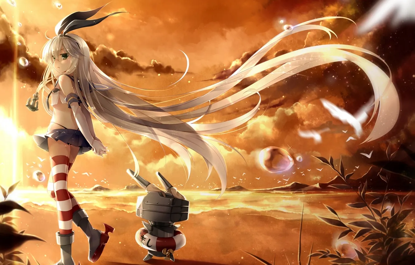 Photo wallpaper sea, the sky, grass, girl, clouds, sunset, mountains, shore