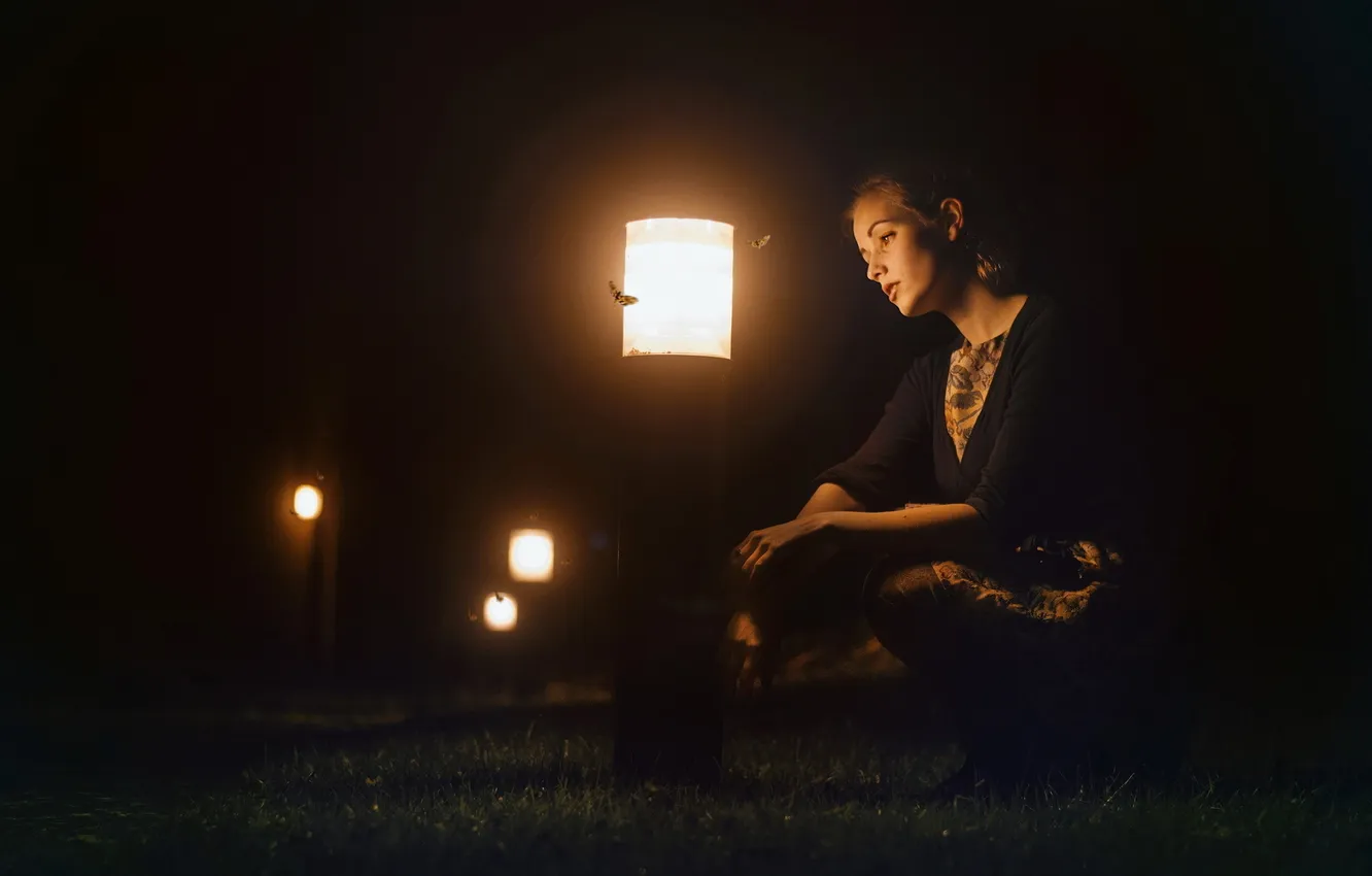 Photo wallpaper girl, night, mood, butterfly, lamp