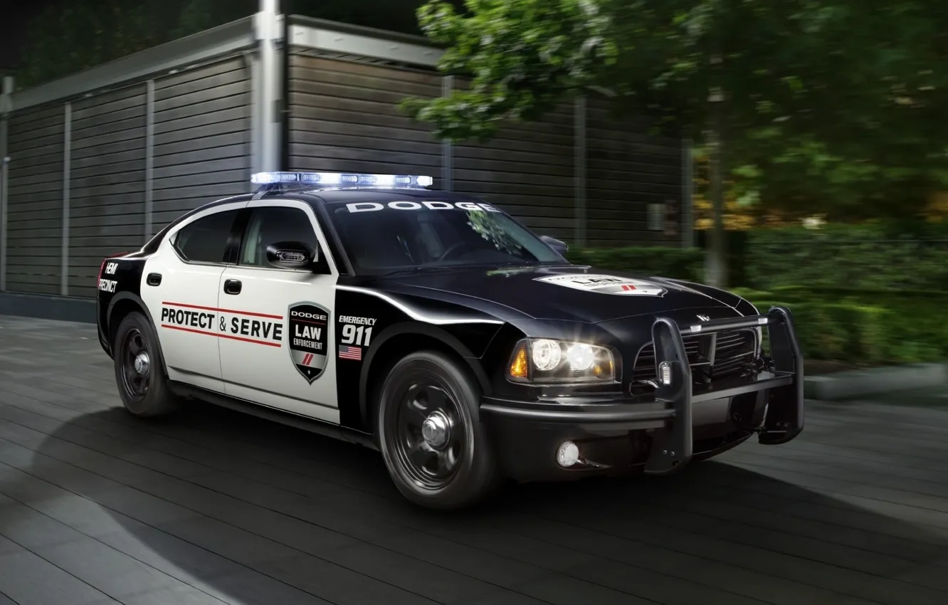 Photo wallpaper trees, night, building, protection, Dodge, Dodge, Charger, police