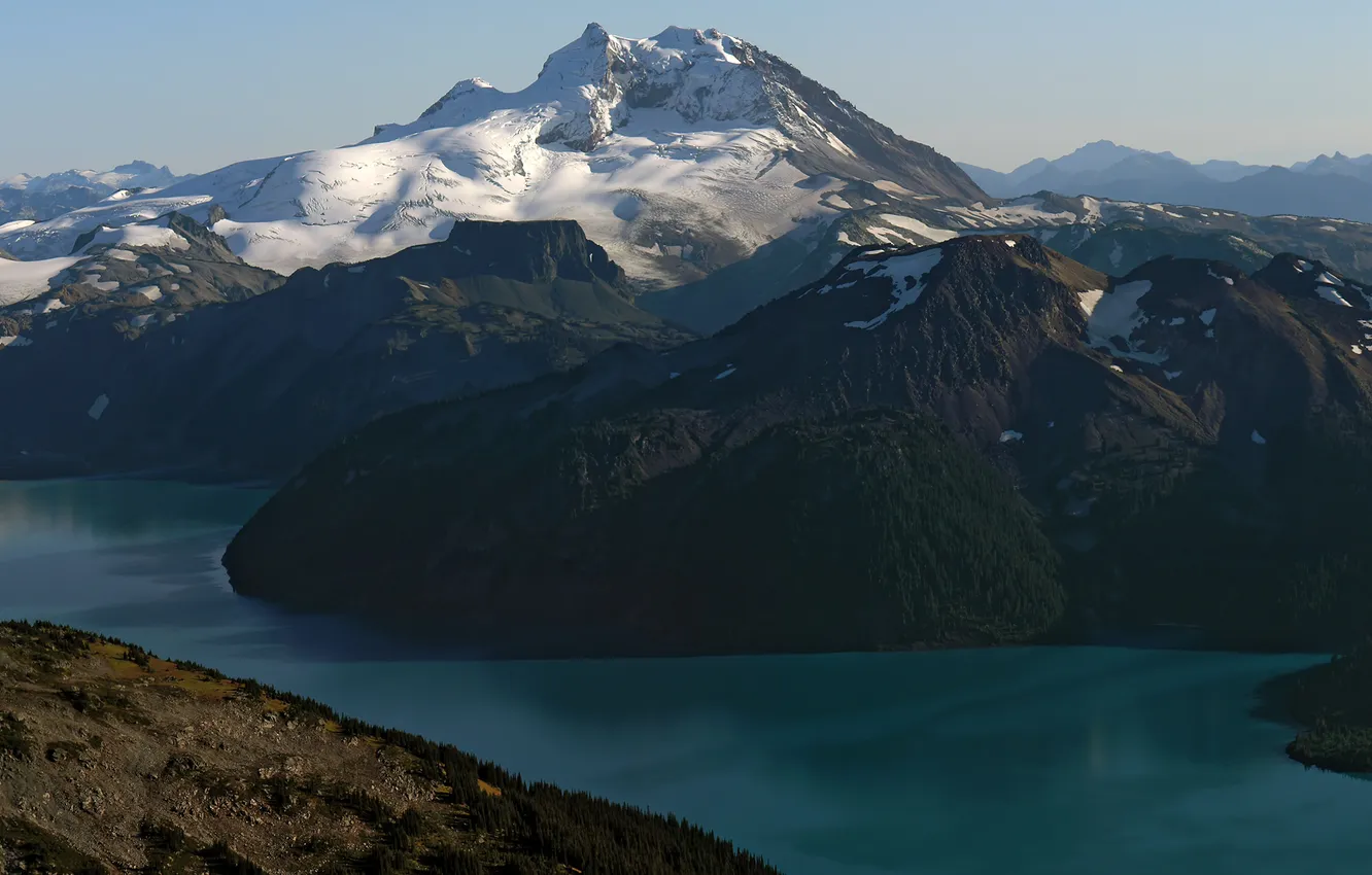 Photo wallpaper forest, the sky, water, clouds, snow, trees, landscape, mountains