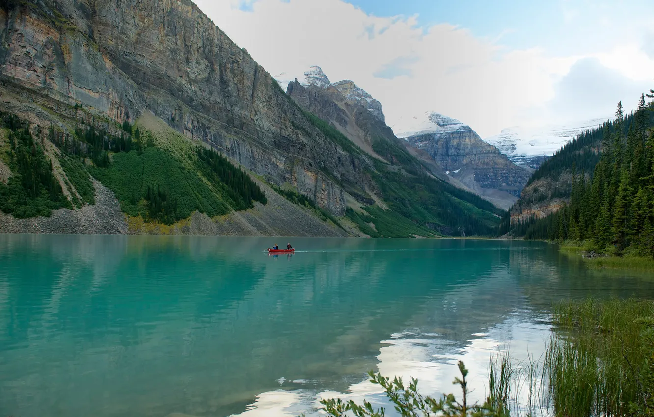 Photo wallpaper the sky, trees, mountains, lake, boat, people