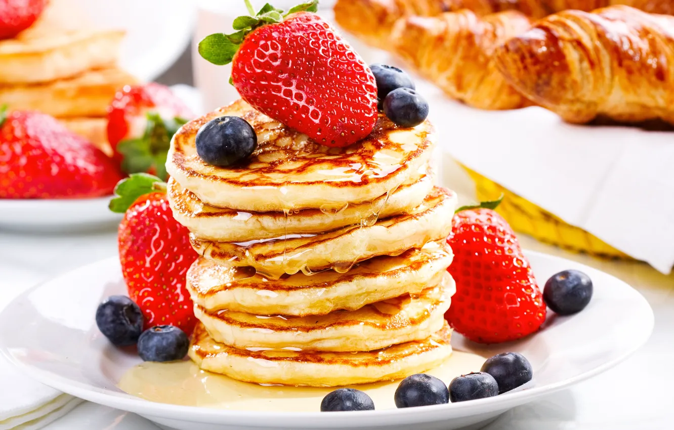 Photo wallpaper berries, blueberries, strawberry, honey, pancakes, croissants, pancakes, pancakes