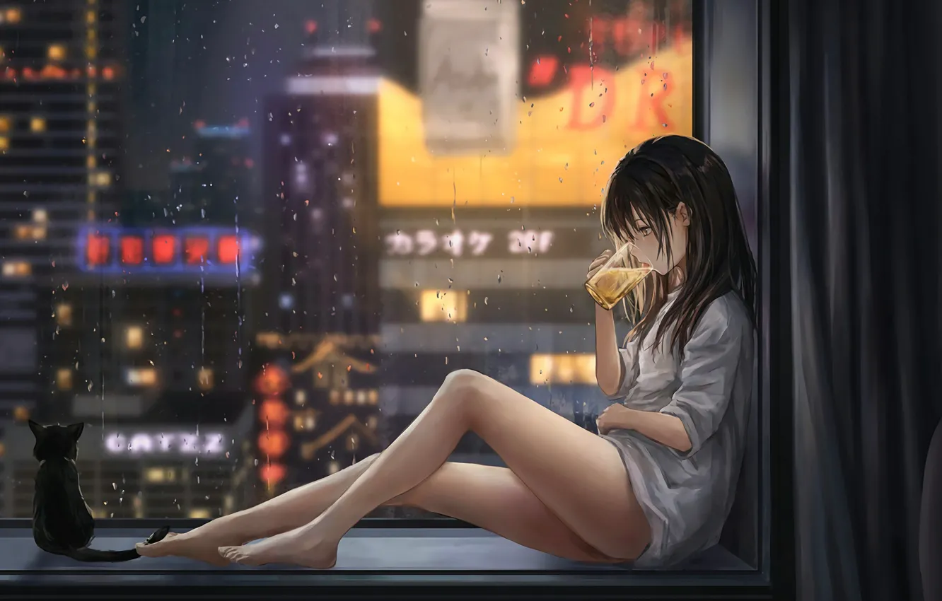 Photo wallpaper barefoot, girl, twilight, the view from the window, white shirt, sitting on the windowsill, night …