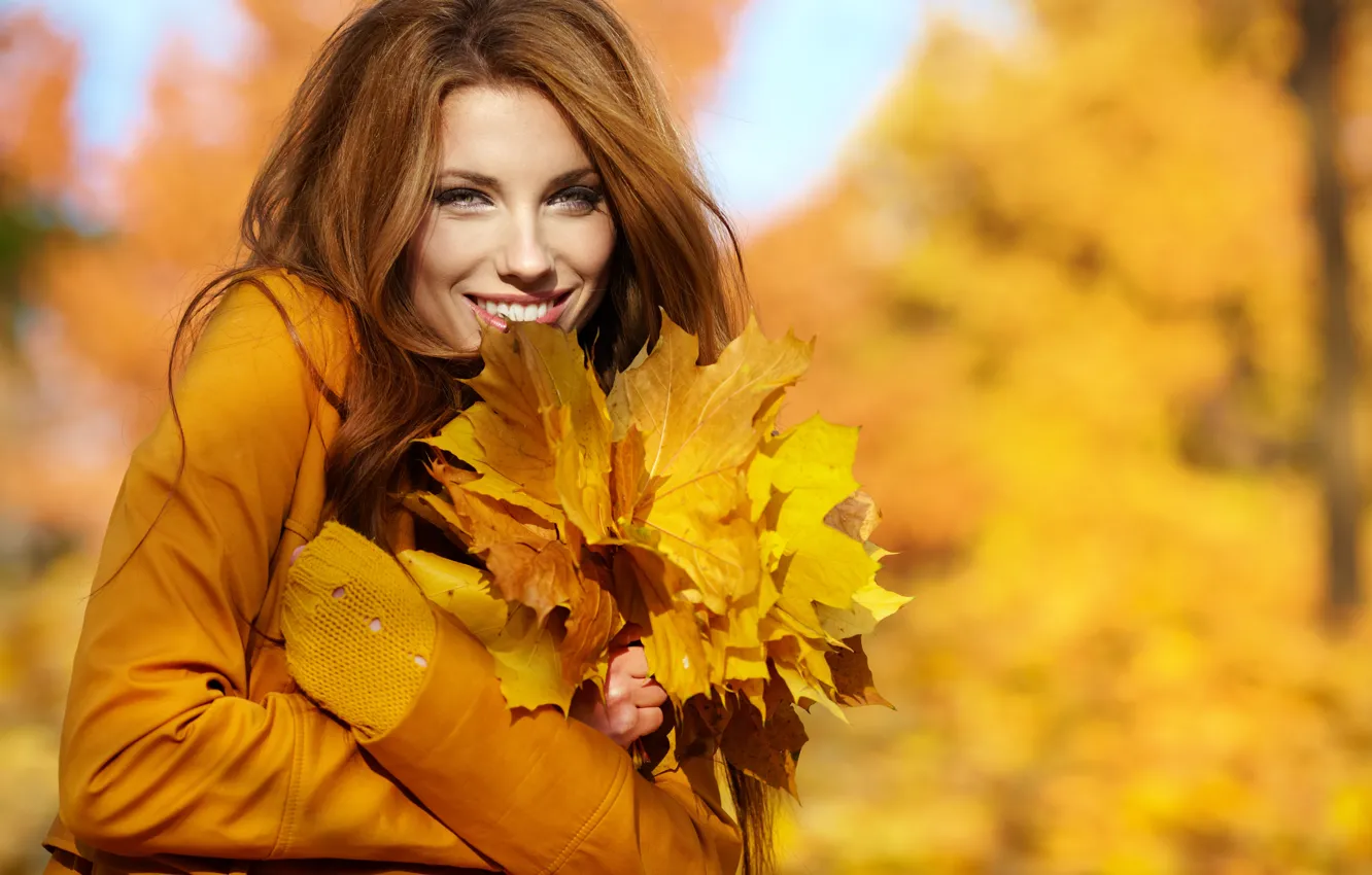 Photo wallpaper look, leaves, girl, joy, laughter, brown hair, coat, curls