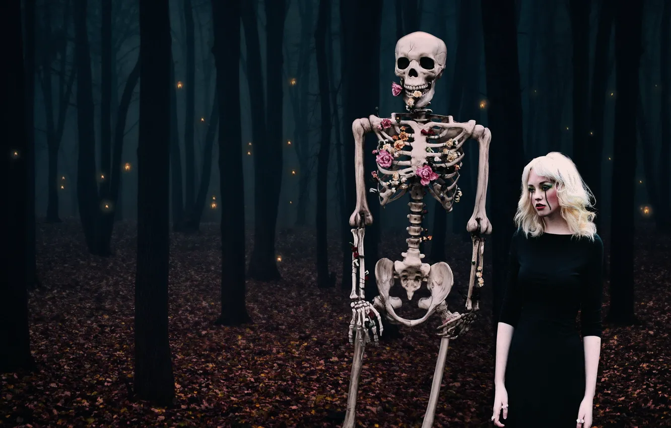 Photo wallpaper forest, girl, the situation, skeleton