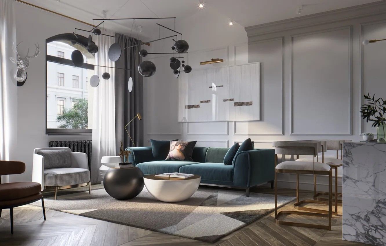 Photo wallpaper design, style, room, interior, chair, sofa, living room