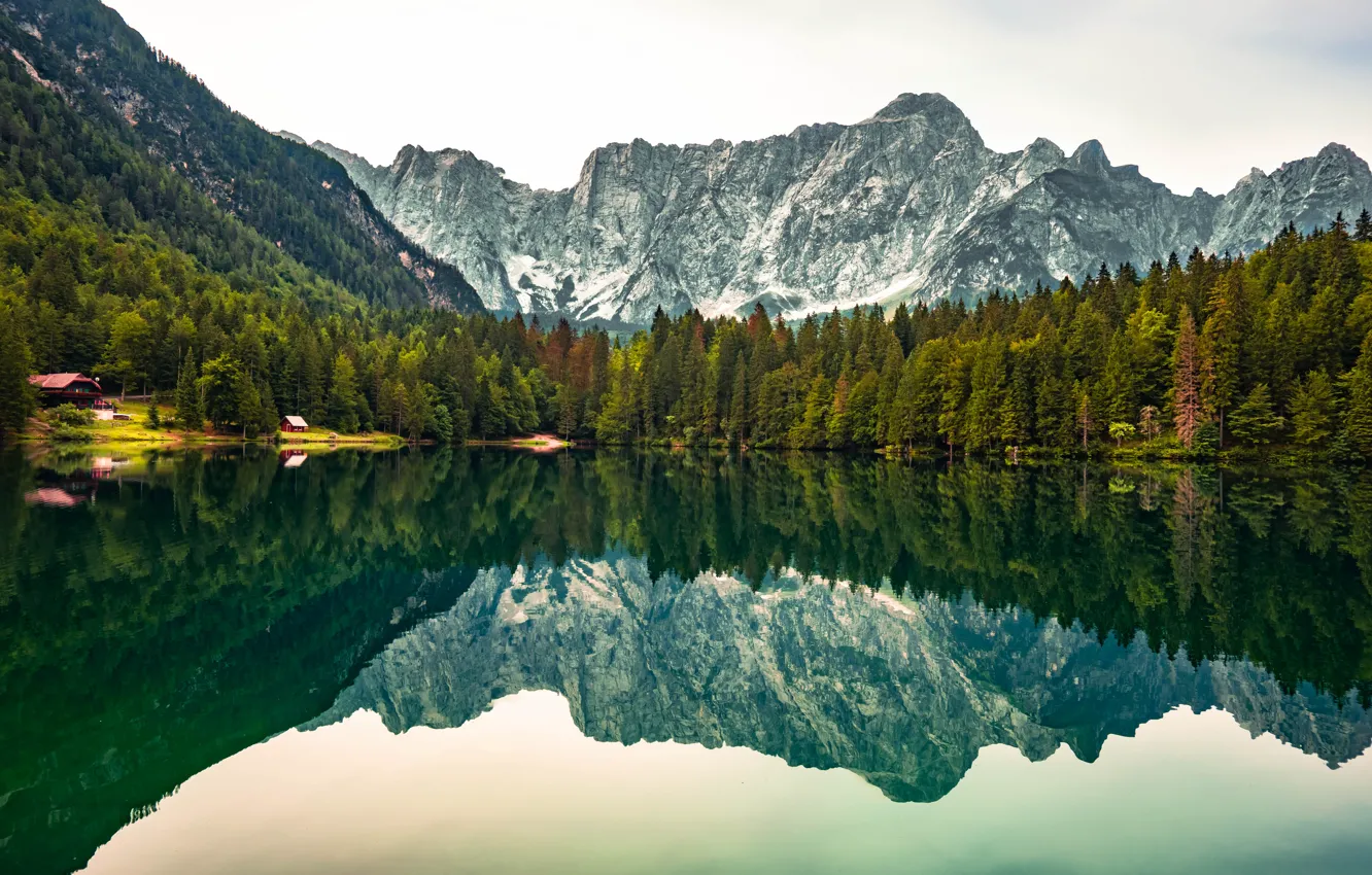 Photo wallpaper forest, mountains, lake, reflection, Italy, Italy, The Julian Alps, lake Fusine