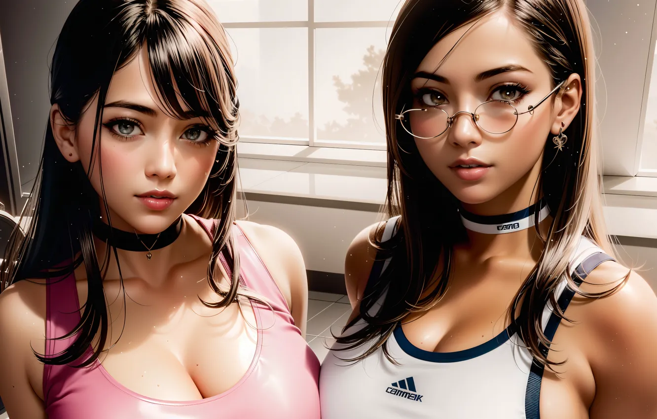 Photo wallpaper girl, two, brunette, glasses, AI Art