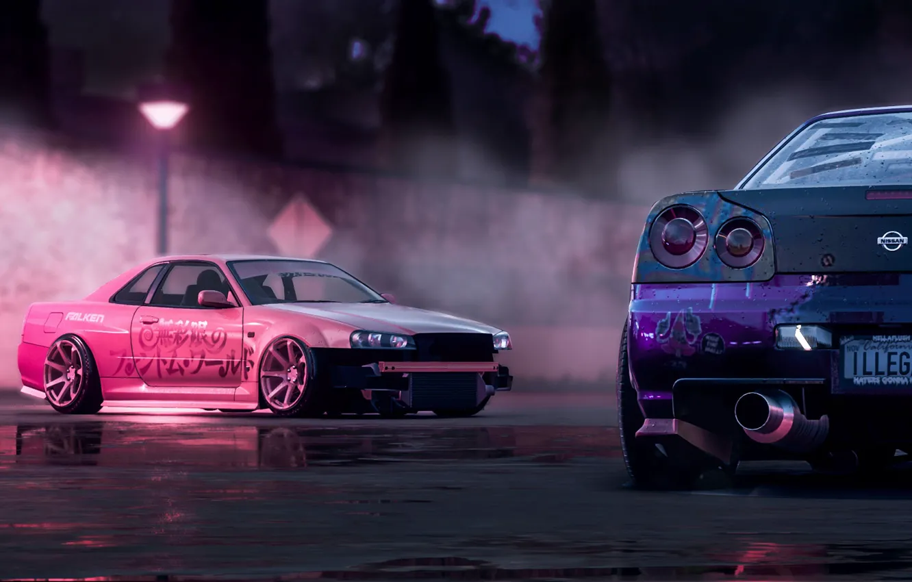 Photo wallpaper Pink, Nissan, Drift, Car, Purple, Skyline, R34