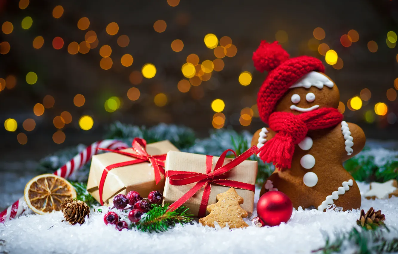 Photo wallpaper New Year, Christmas, winter, snow, bokeh, merry christmas, cookies, decoration
