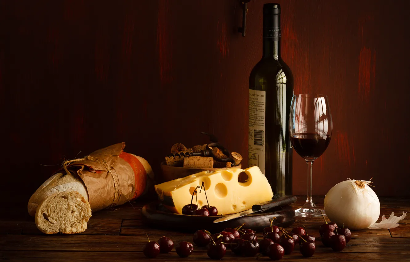 Photo wallpaper berries, wine, red, bottle, cheese, glasses, bread, cherry